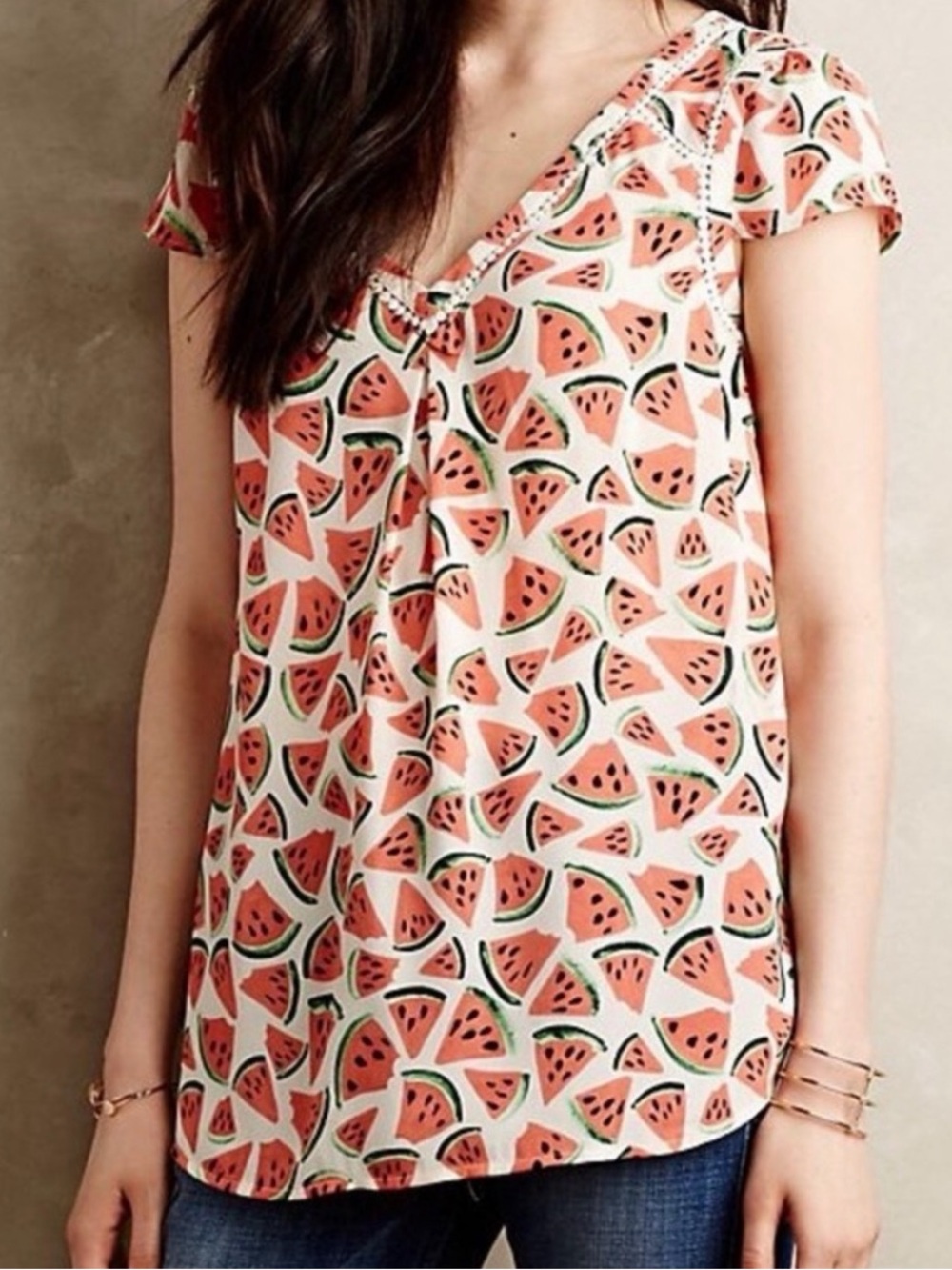 Maeve White Watermelon Print Short Sleeve V-Neck Blouse